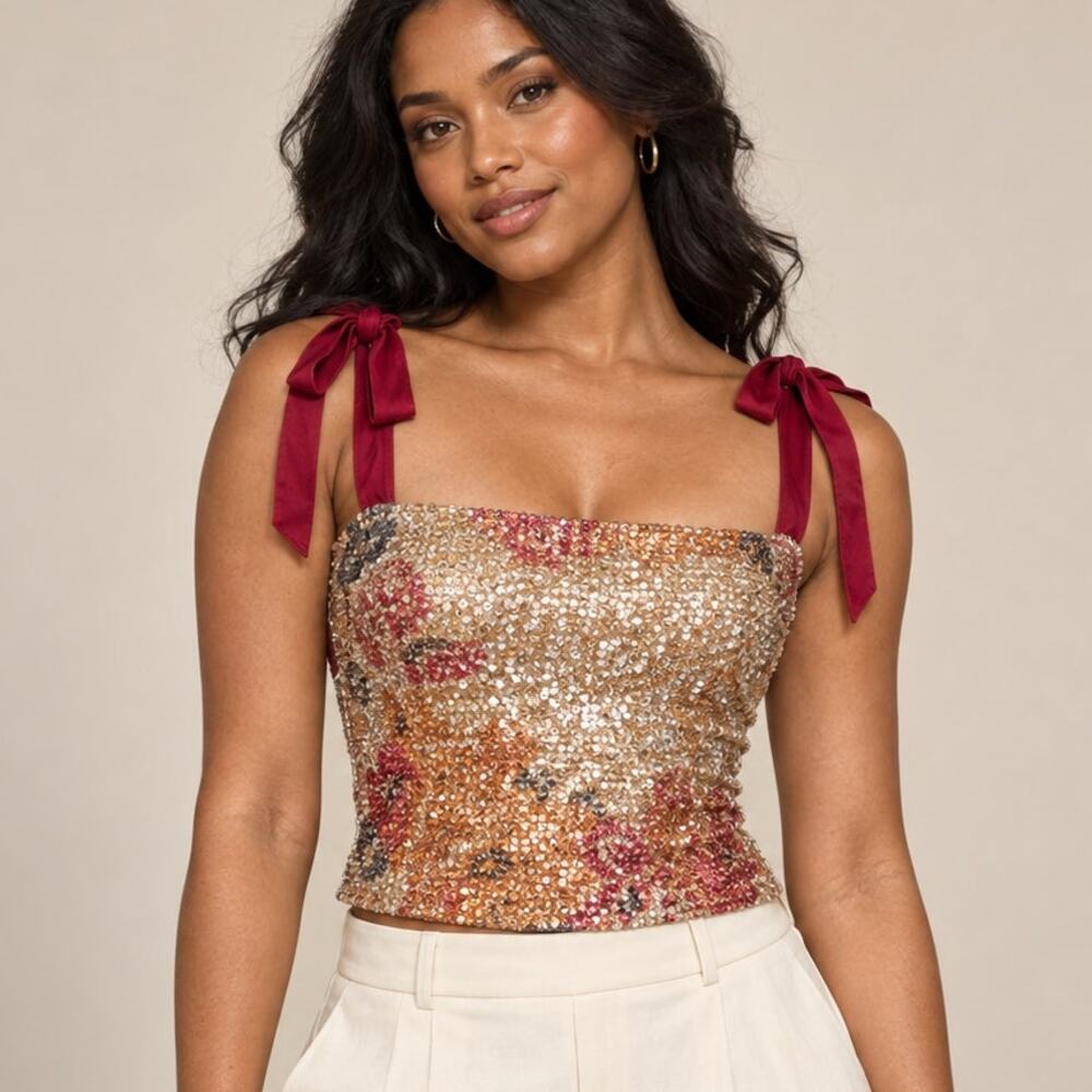Free People Intimately Night Garden Sequin Floral Tie Strap Tube Top L NWT